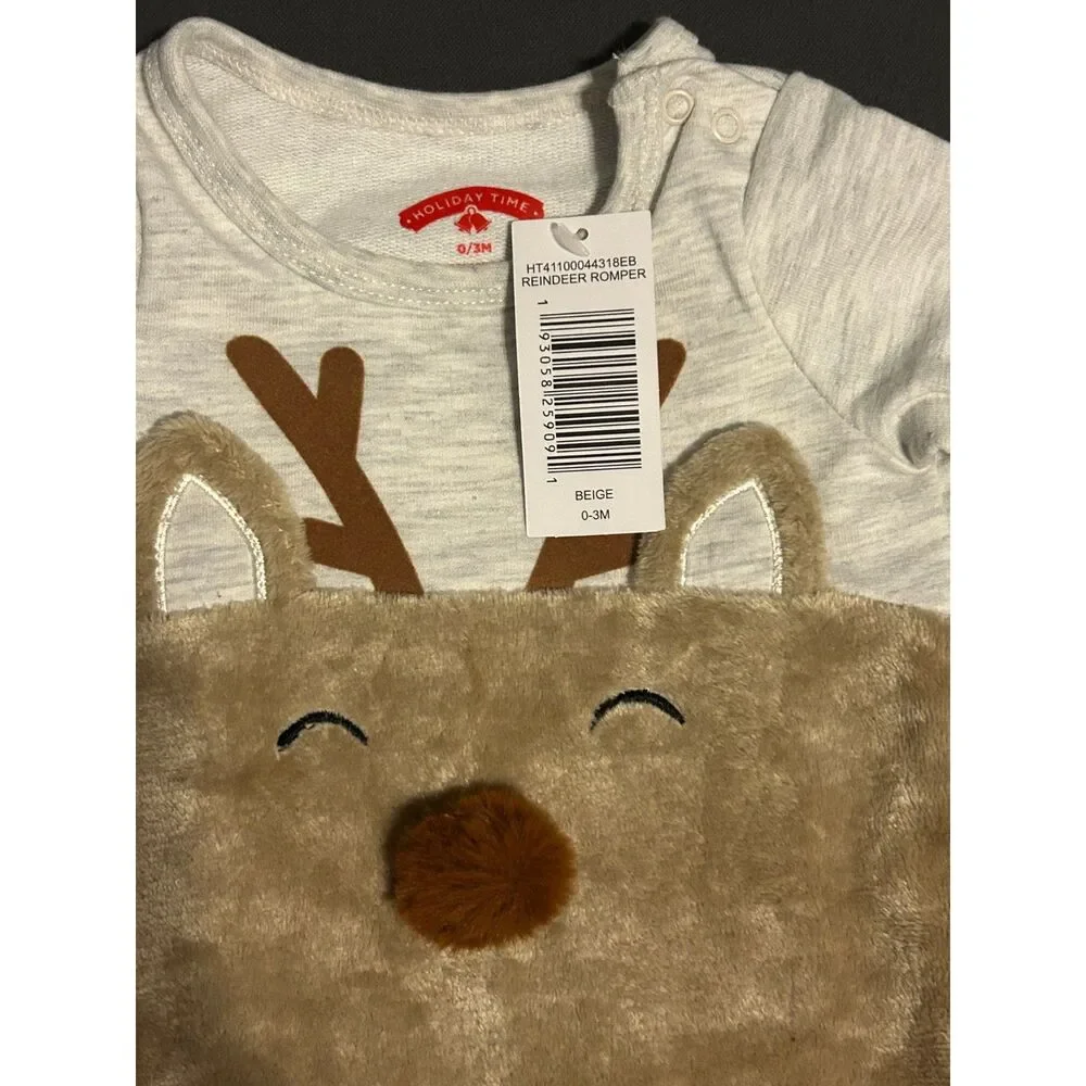 NWT Holiday Time Baby Reindeer Romper Beige 0-3M Christmas Onesie